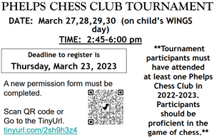 chess tournament March 27-30 2:45-6:00pm. Register by March 23, 2023